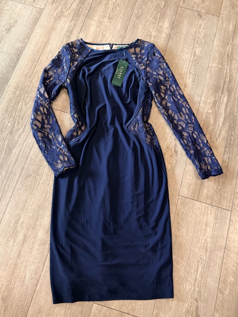 Lauren Ralph Lauren Navy Lace-Panel Long Sleeve Sheath Dress